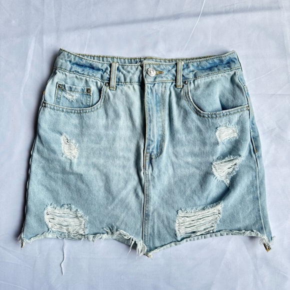 Light Blue Distressed Denim Jean Mini Skirt - Picture 1 of 2
